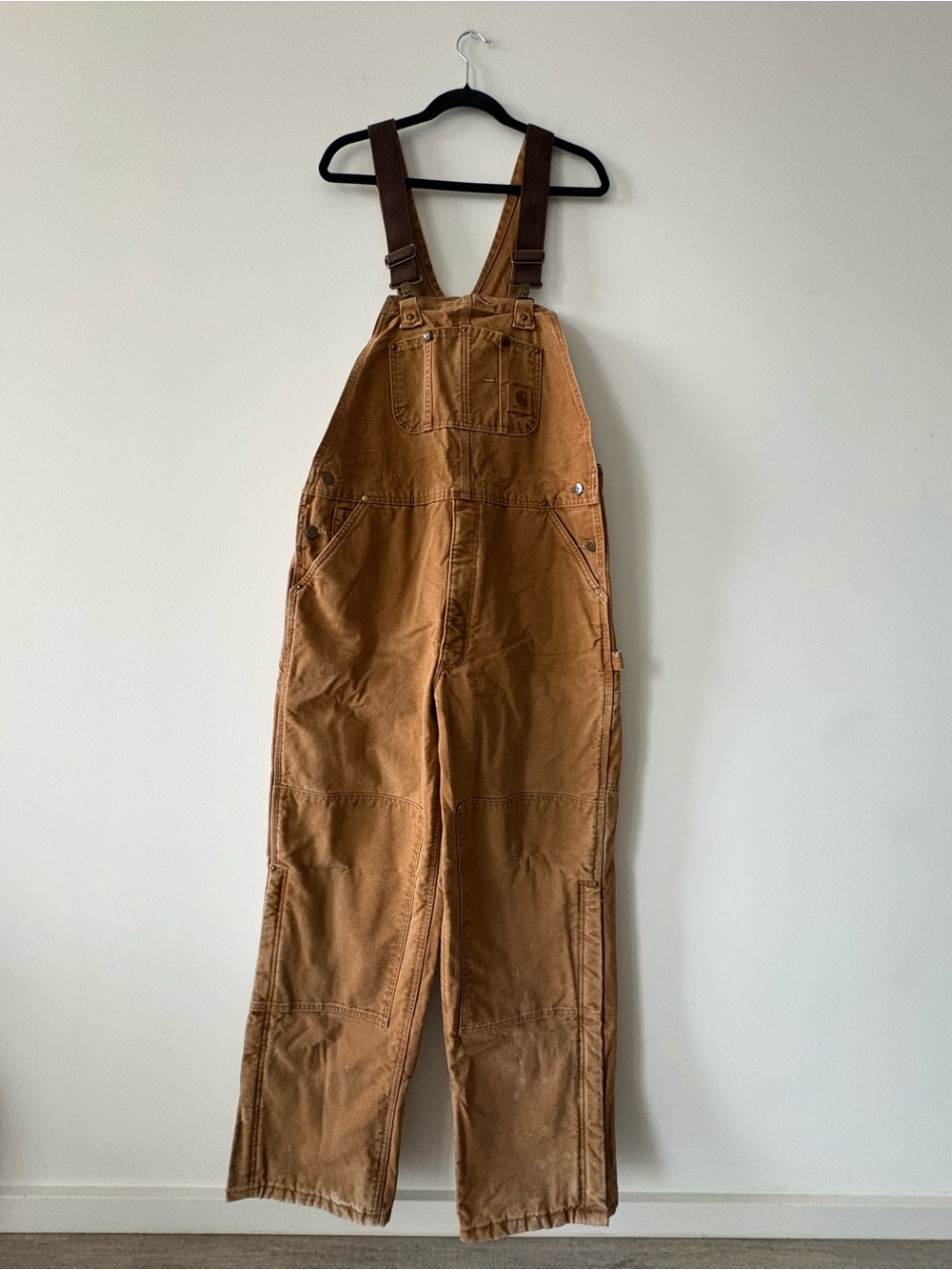 Men’s Carhartt Brown Double Knee Workwear Duck Canvas Bib Overalls 38x32
